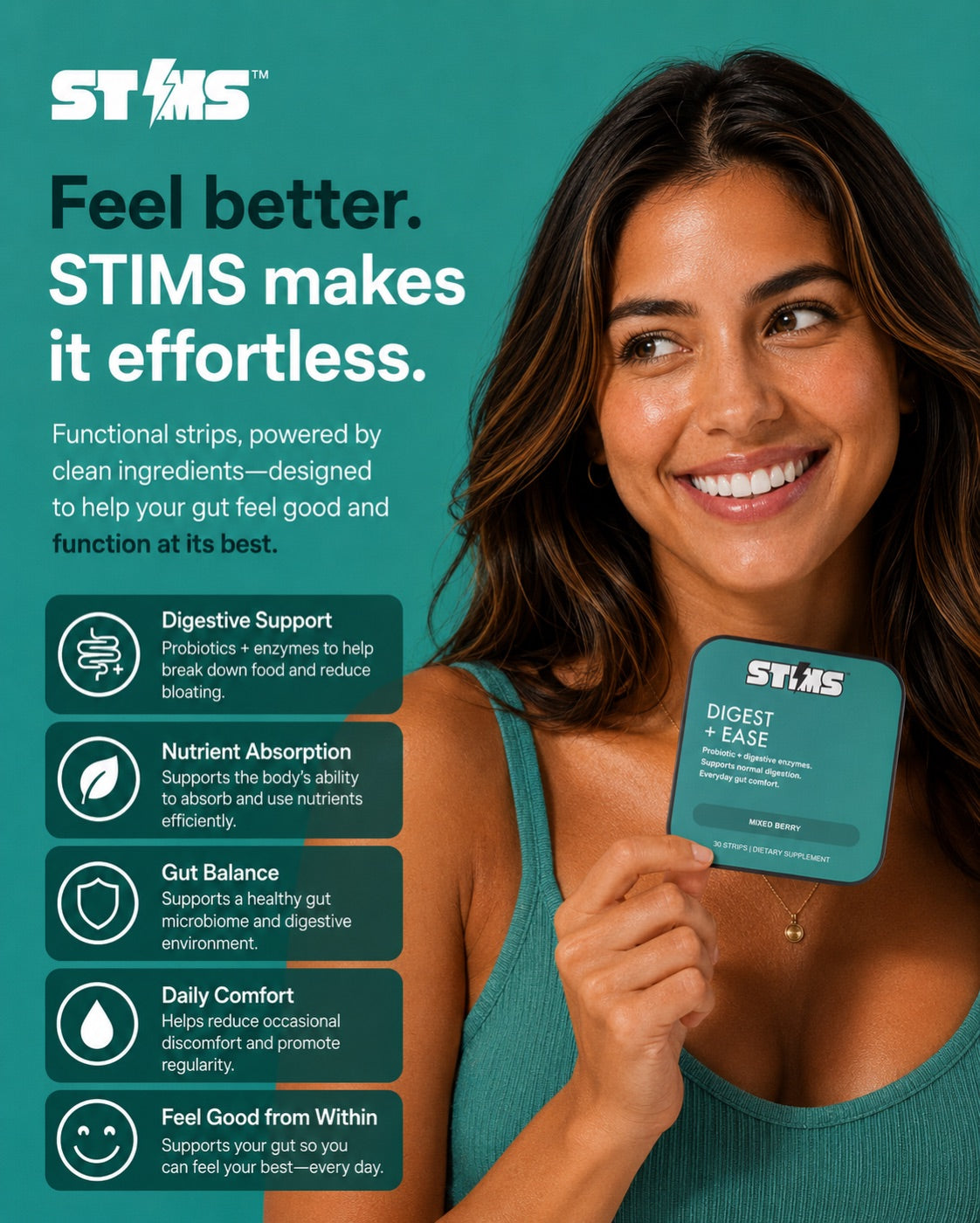 Digest + Ease — model holding the STIMS tin