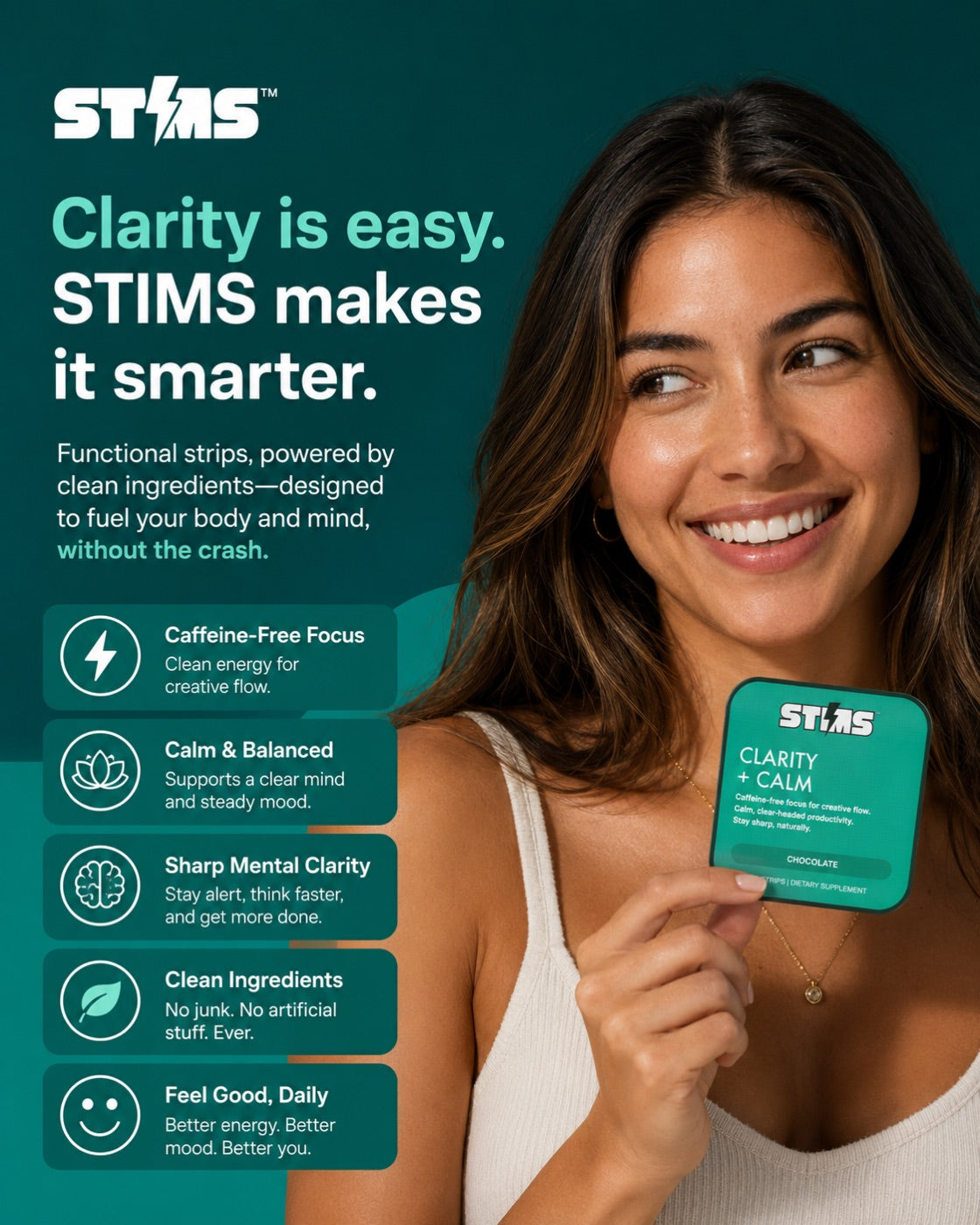 Clarity + Calm — model holding the STIMS tin