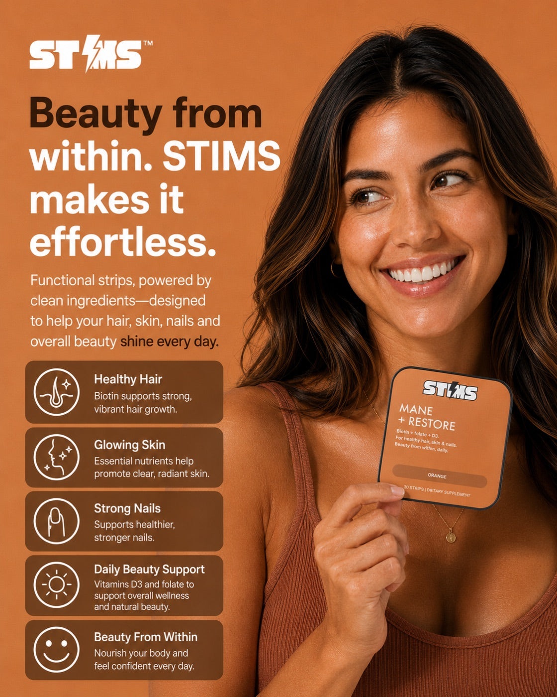 Mane + Restore — model holding the STIMS tin
