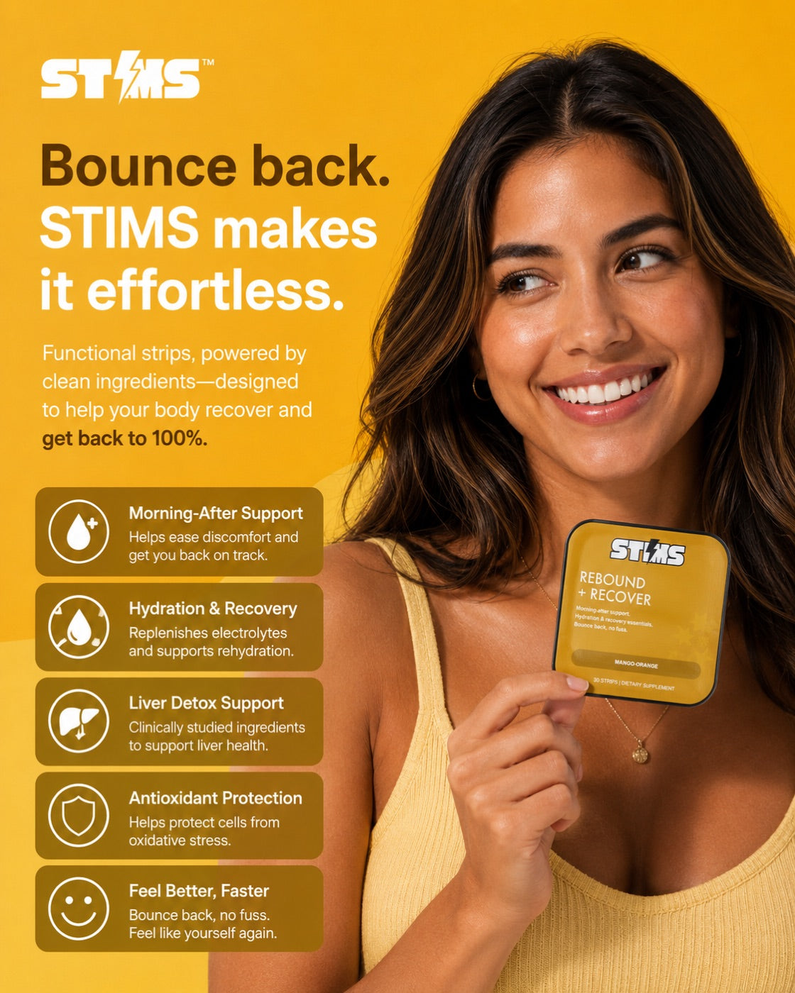 Rebound + Recover — model holding the STIMS tin