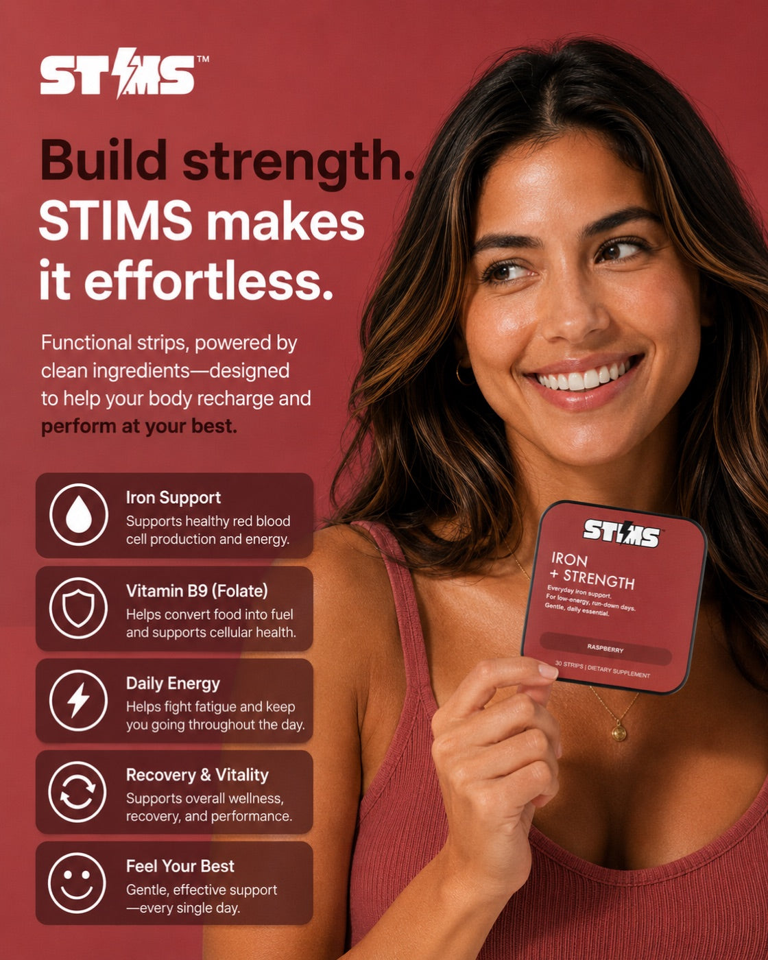 Iron + Strength — model holding the STIMS tin