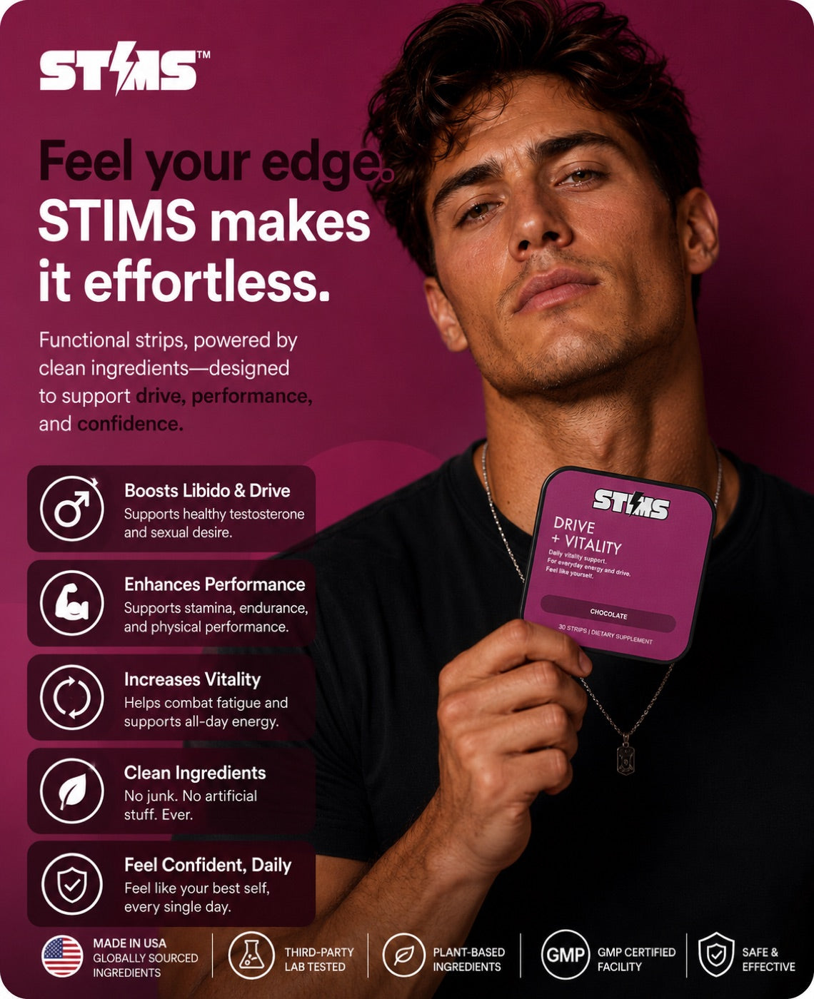 Drive + Vitality — model holding the STIMS tin