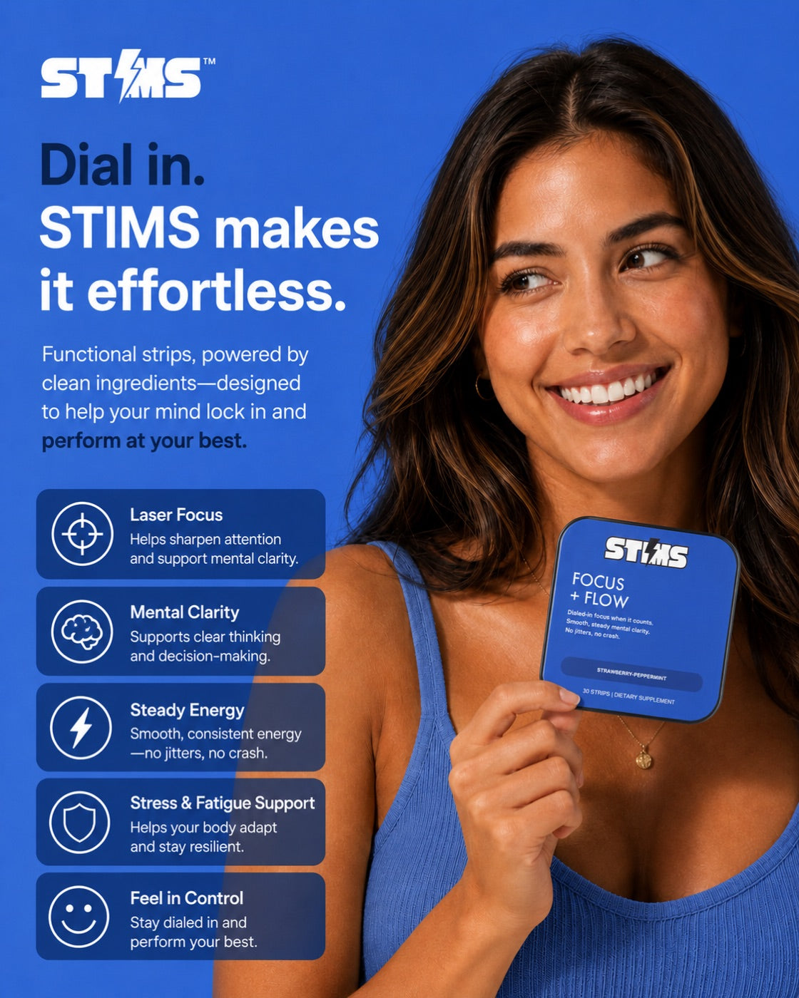 Focus + Flow — model holding the STIMS tin