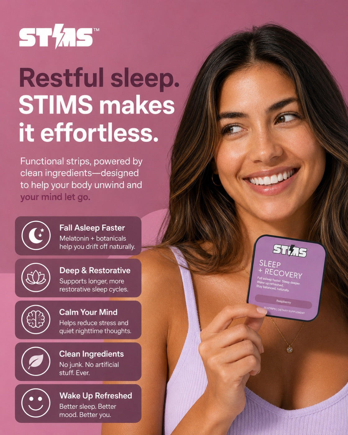 Sleep + Recharge — model holding the STIMS tin