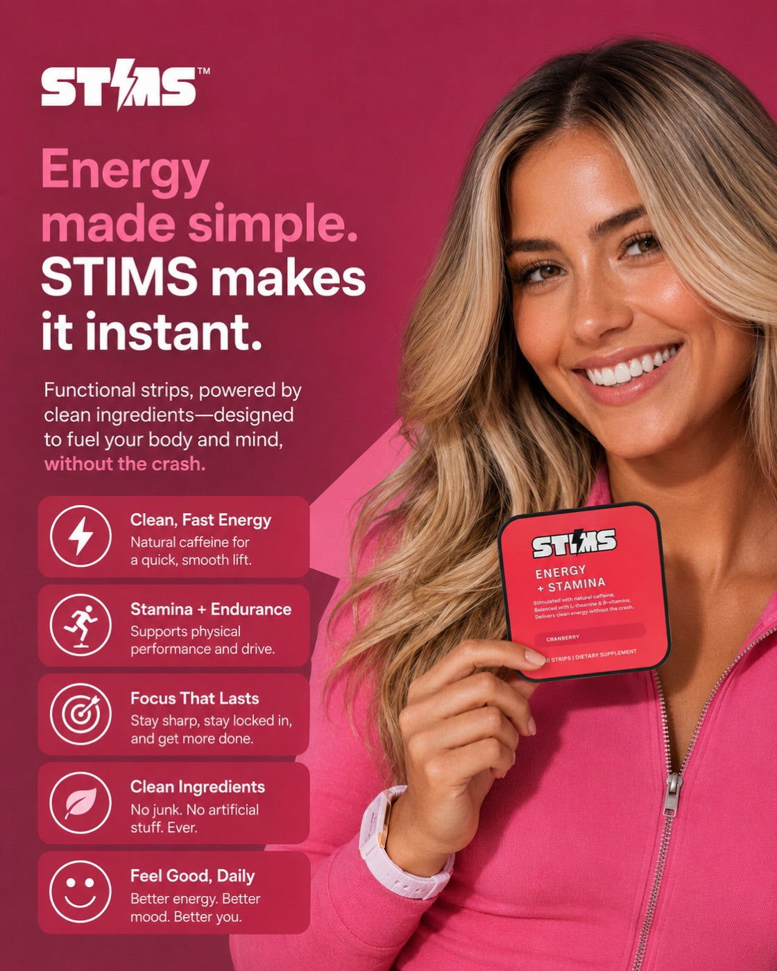 Energy + Stamina — model holding the STIMS tin